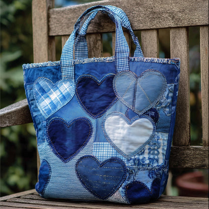 Blue Hearts Patchwork Quilted Tote