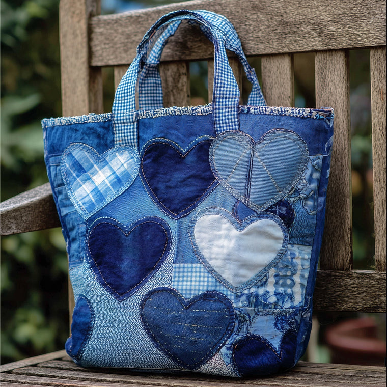 Blue Hearts Patchwork Quilted Tote