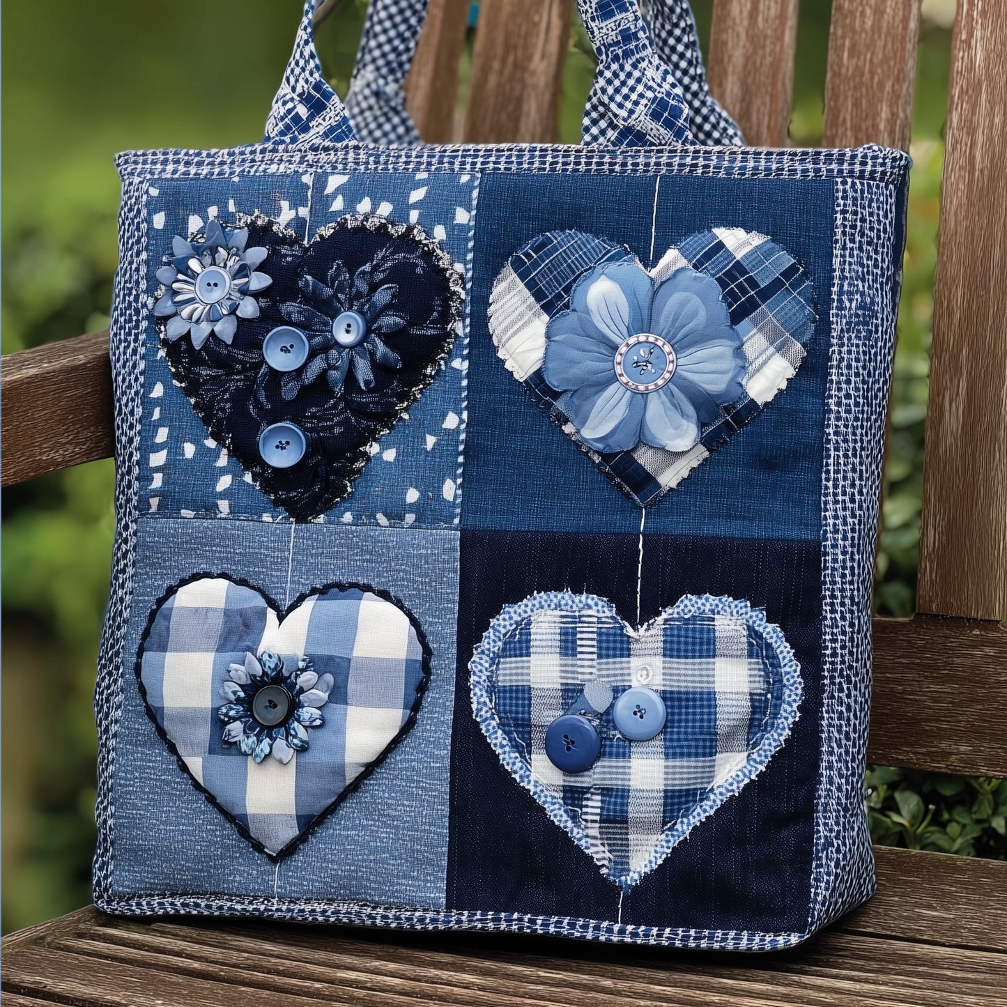 Blue Patchwork Hearts Quilted Tote