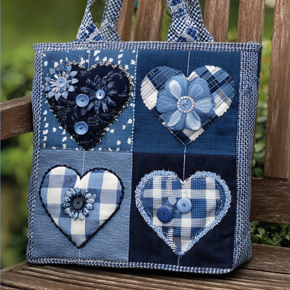 Blue Patchwork Hearts Quilted Tote