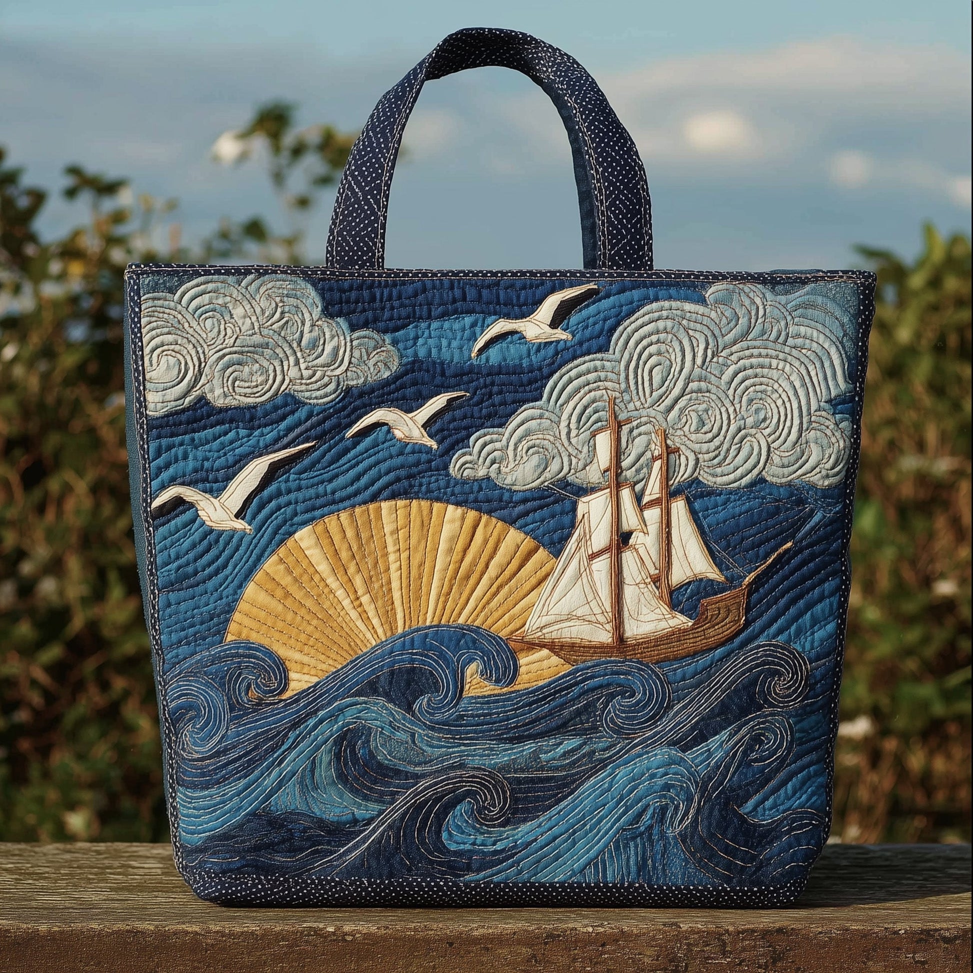 Sailing Ship Seagulls Quilted Tote