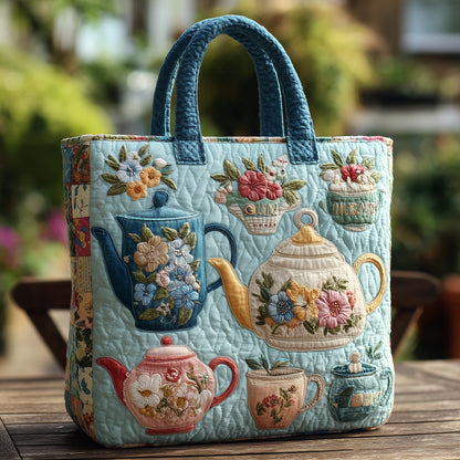 Floral Teapots Embroidery Quilted Tote