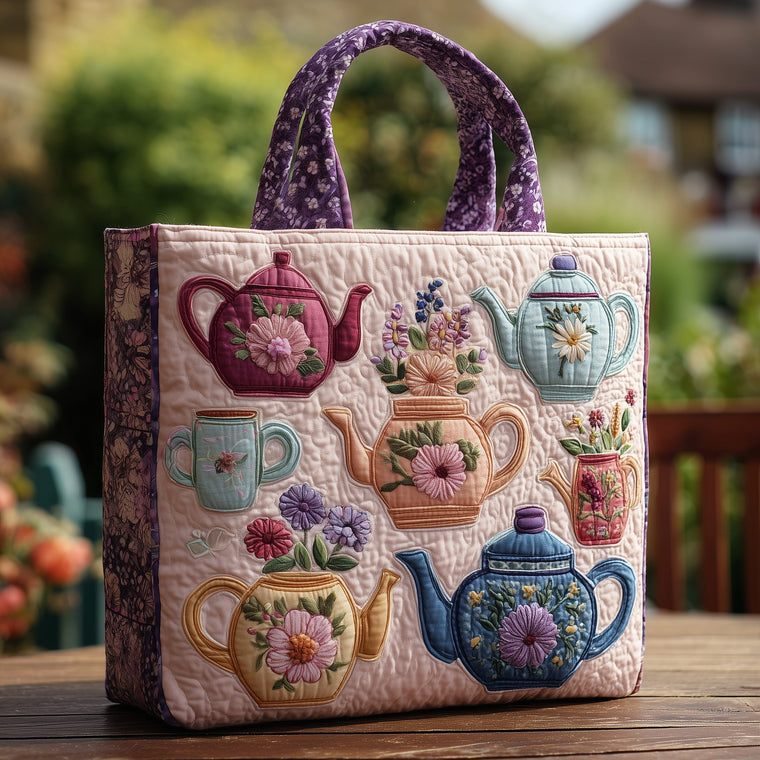 Floral Teapot Artwork Quilted Tote
