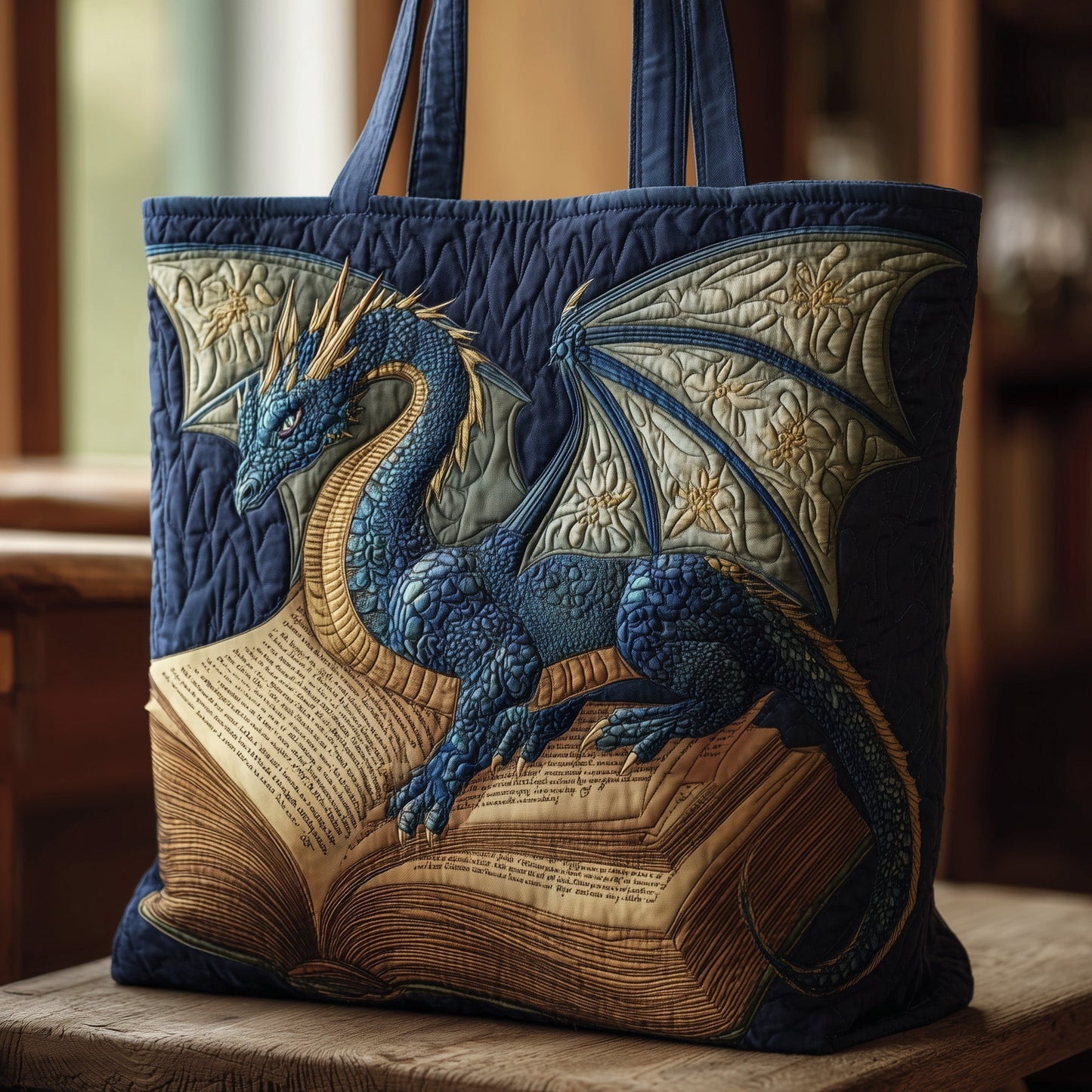 Blue Dragon On Book Quilted Tote