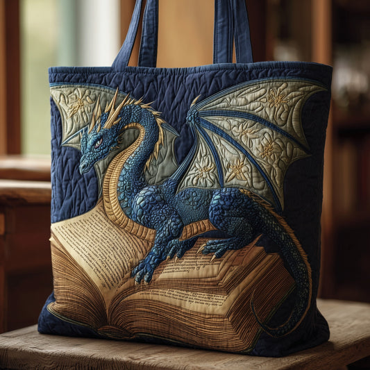Blue Dragon On Book Quilted Tote