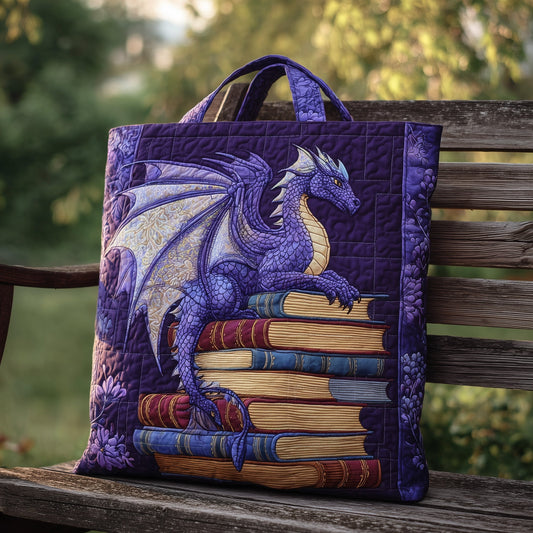 Purple Dragon On Books Quilted Tote
