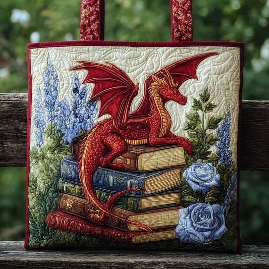 Red Dragon On Books Quilted Tote