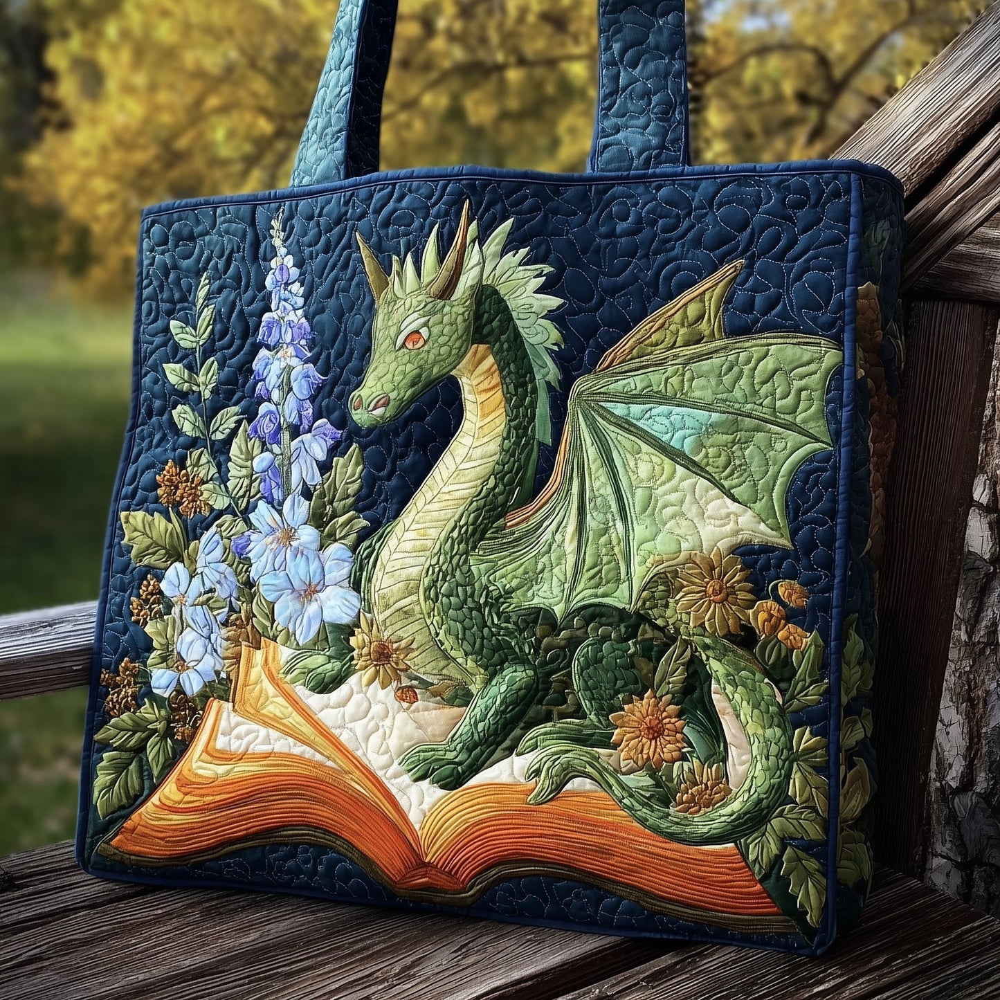 Green Dragon Book Quilted Tote