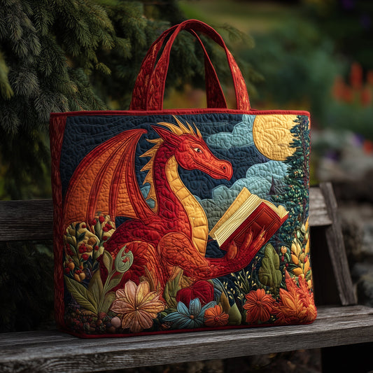 Red Dragon Reading Book Quilted Tote