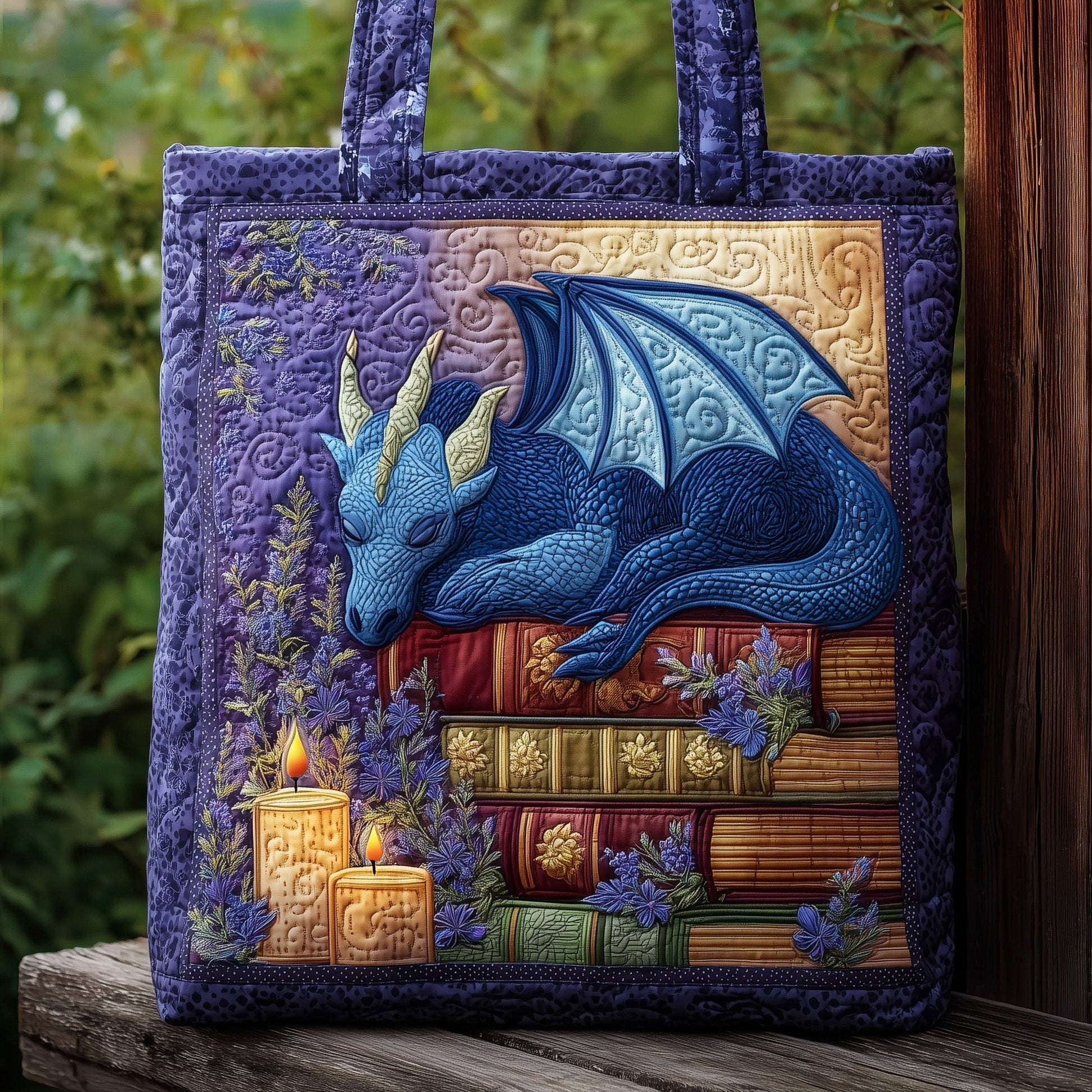 Sleeping Dragon On Books Quilted Tote