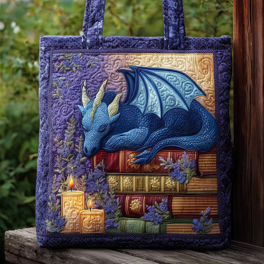 Sleeping Dragon On Books Quilted Tote