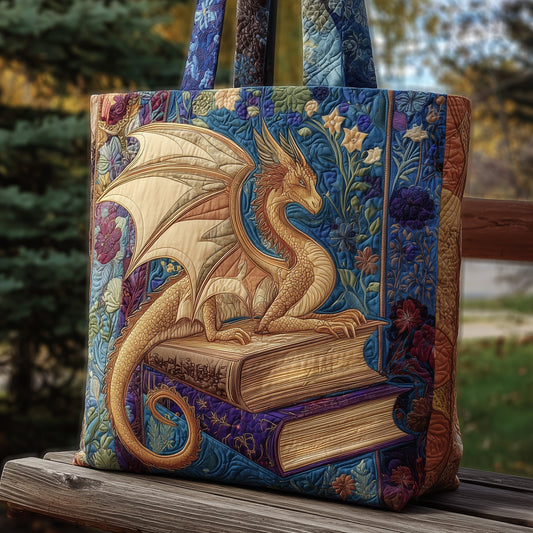 Golden Dragon On Books Quilted Tote
