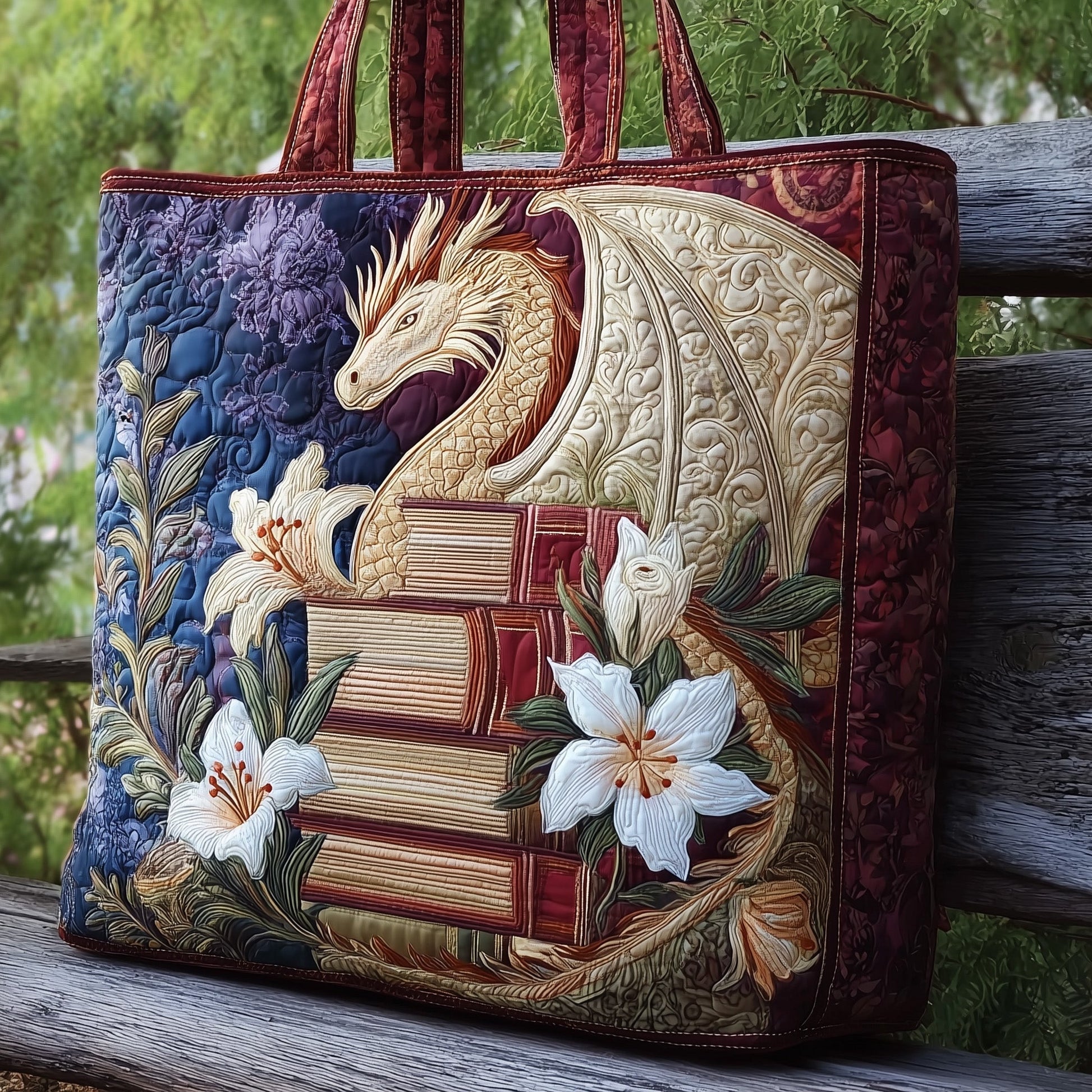 Dragon Books Flowers Quilted Tote