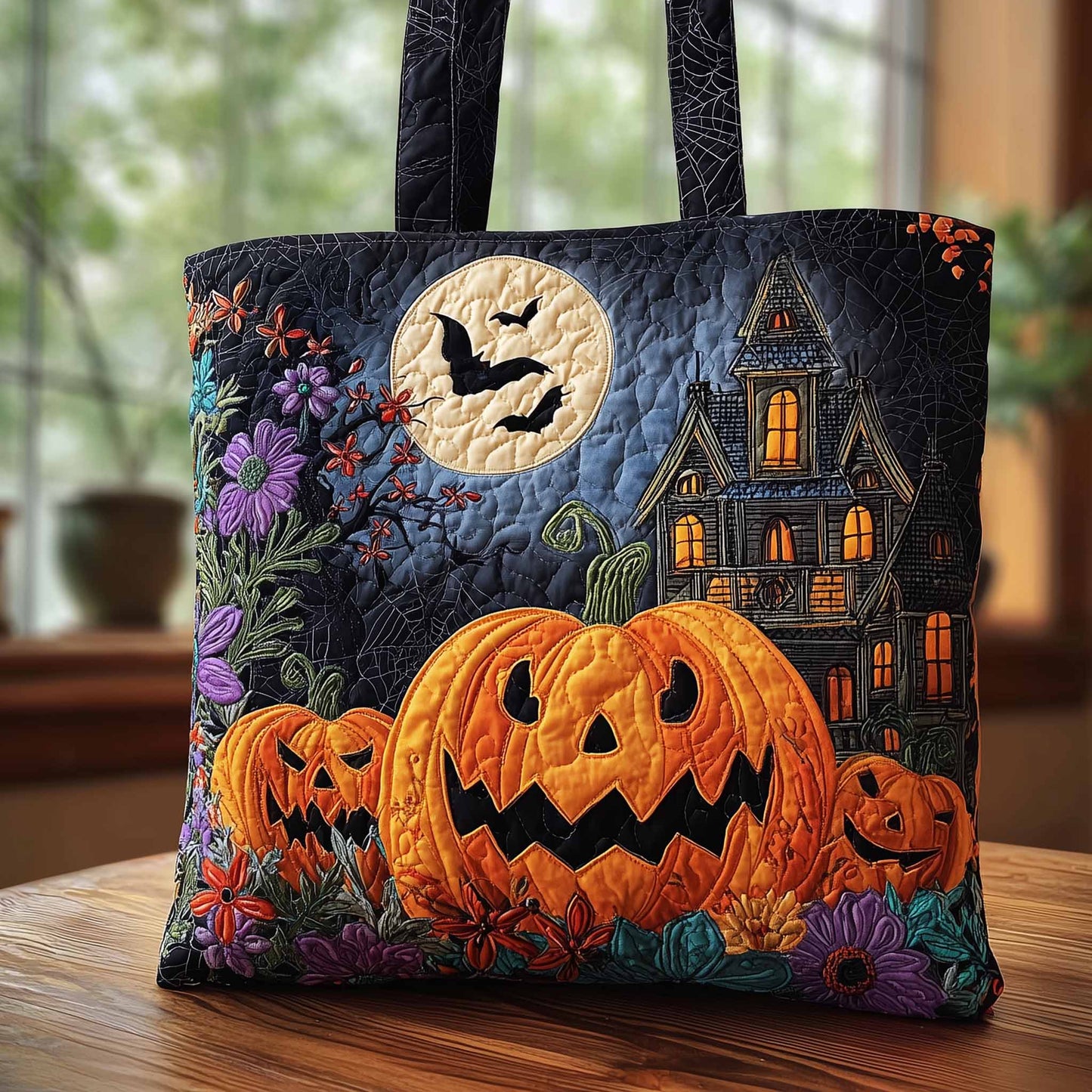 Haunted House Pumpkins Quilted Tote