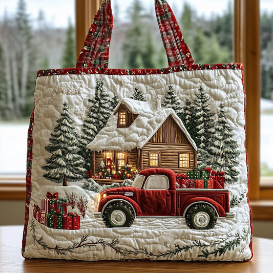 Winter Cabin Red Truck Quilted Tote