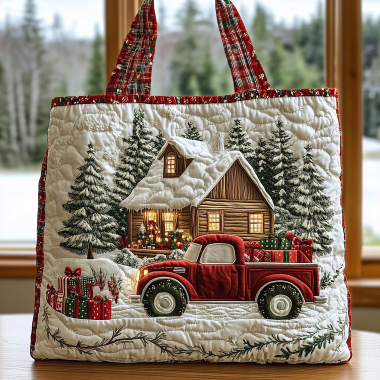 Winter Cabin Red Truck Quilted Tote