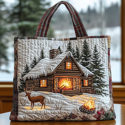 Snowy Cabin Deer Quilted Tote