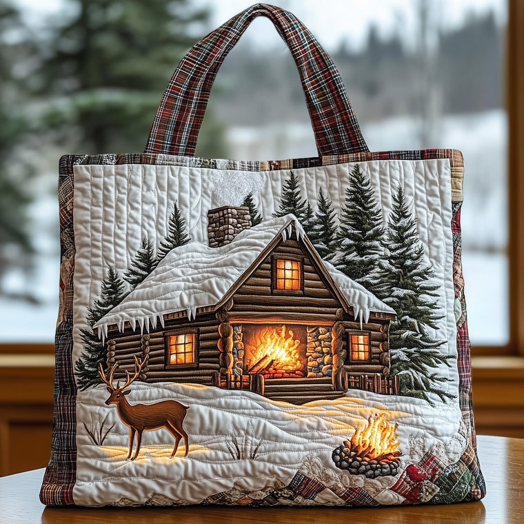 Snowy Cabin Deer Quilted Tote