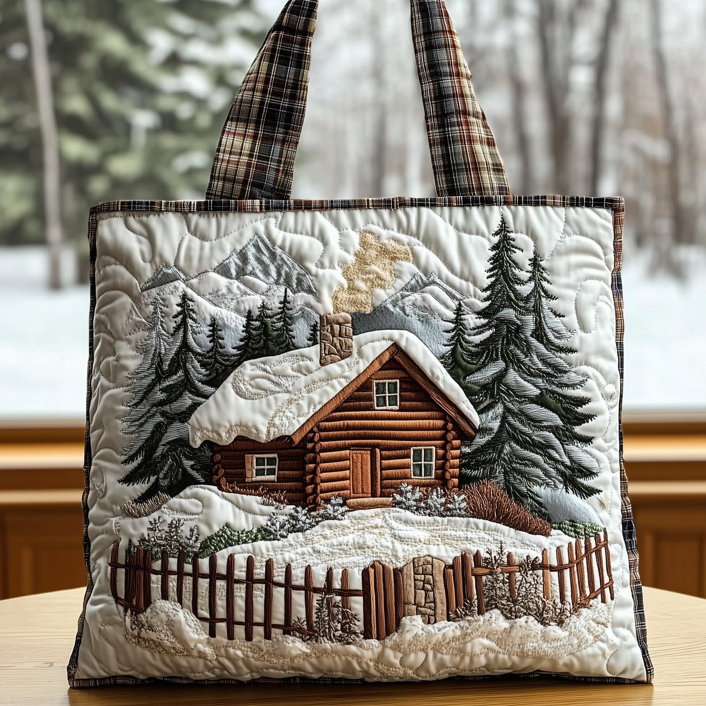 Snowy Cabin Landscape Quilted Tote