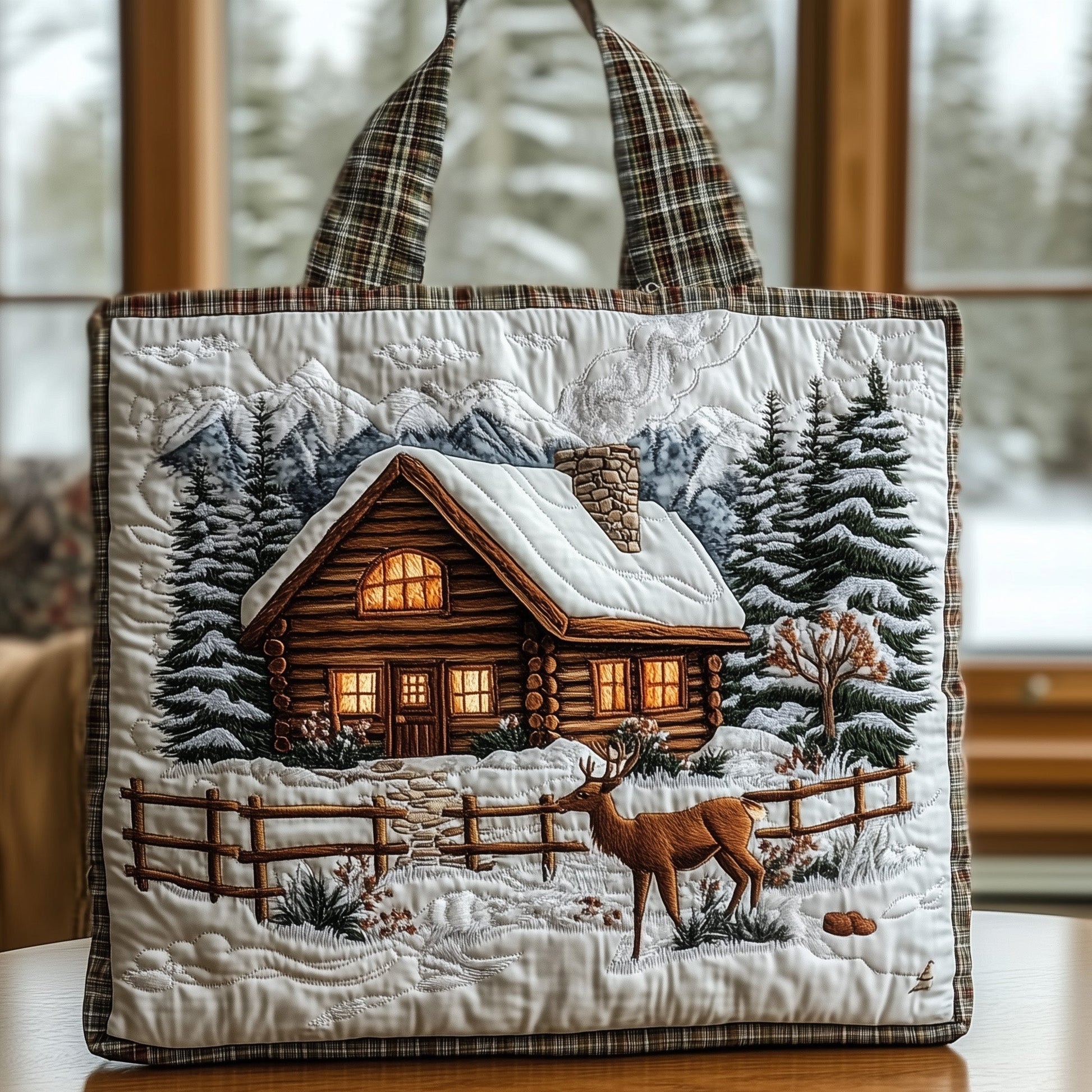 Snowy Cabin Scene Quilted Tote