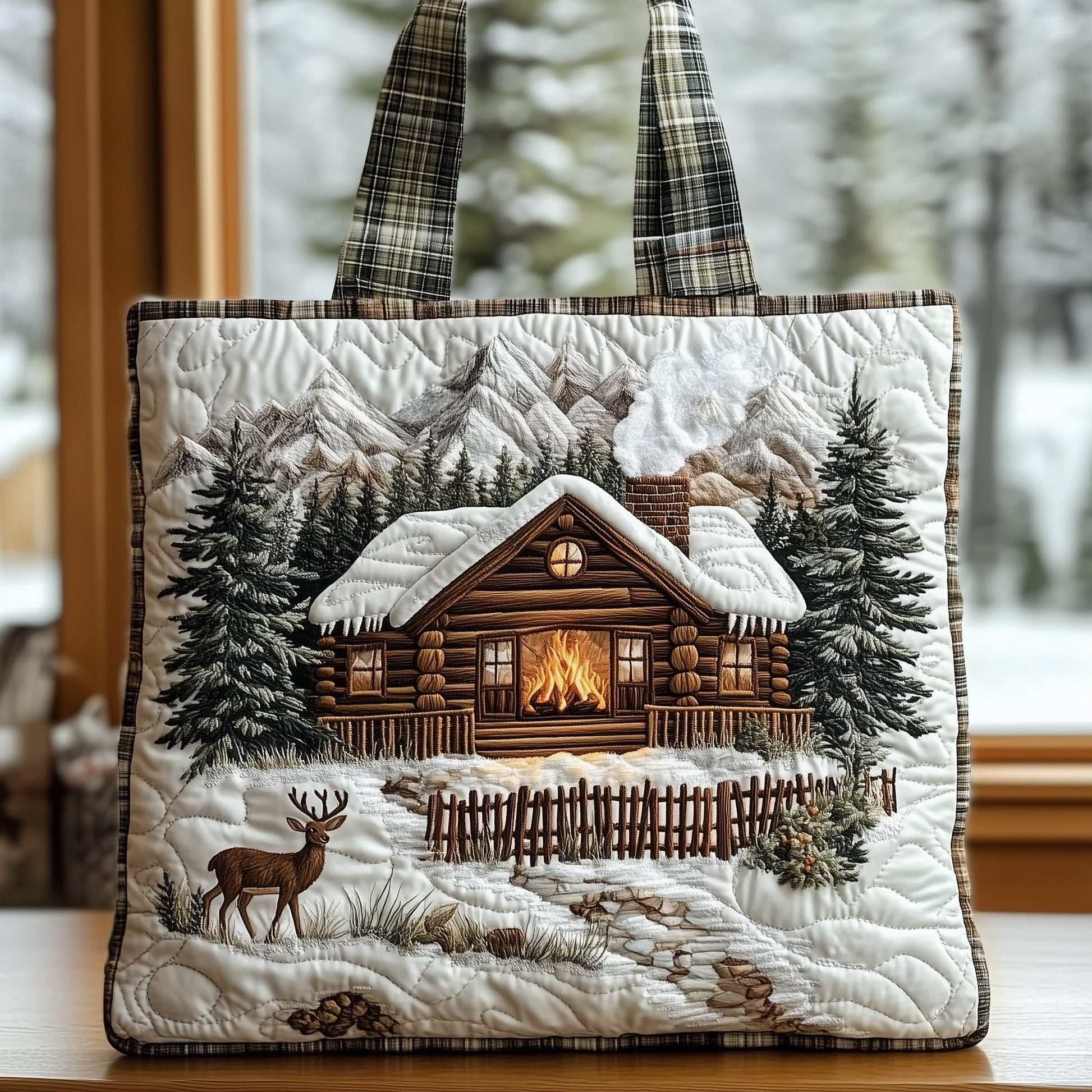 Winter Cabin Scene Quilted Tote