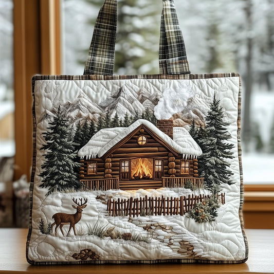 Winter Cabin Scene Quilted Tote
