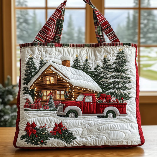 Winter Cabin Red Truck Tote Bag