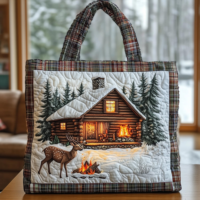 Rustic Cabin Winter Scene Quilted Tote