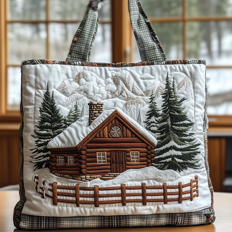 Snowy Cabin Landscape Tote Bag