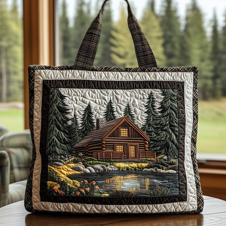 Cabin In Forest Quilted Tote