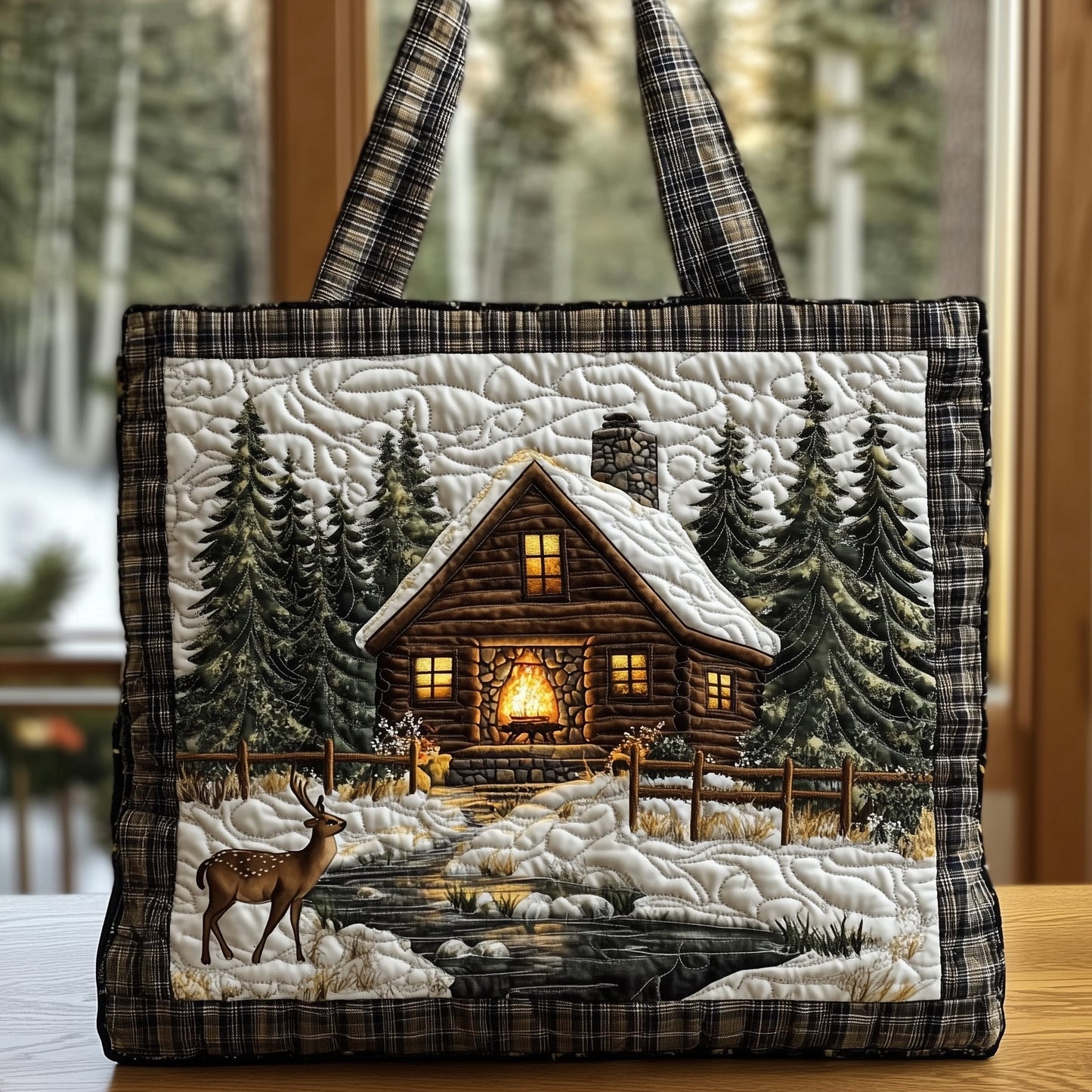 Log Cabin Winter Scene Quilted Tote