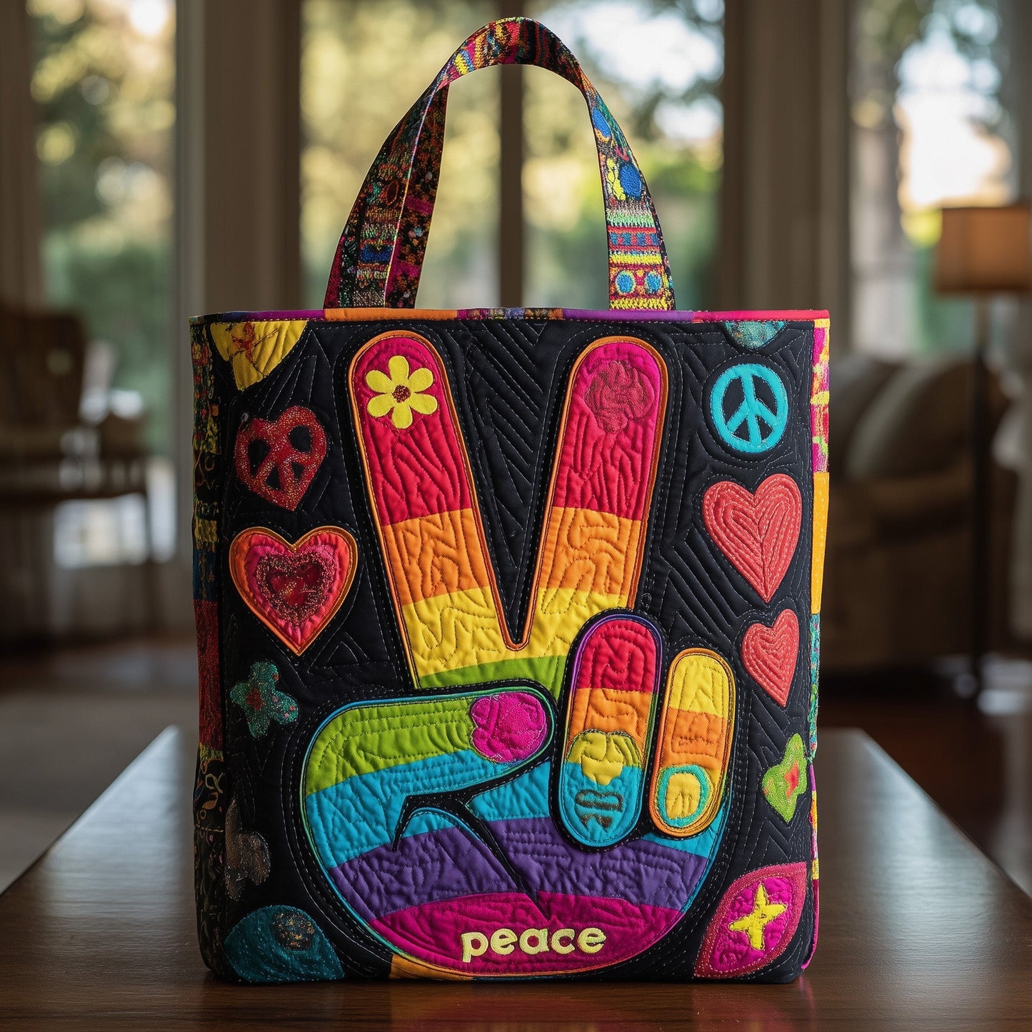 Peace Sign Rainbow Hand Quilted Tote