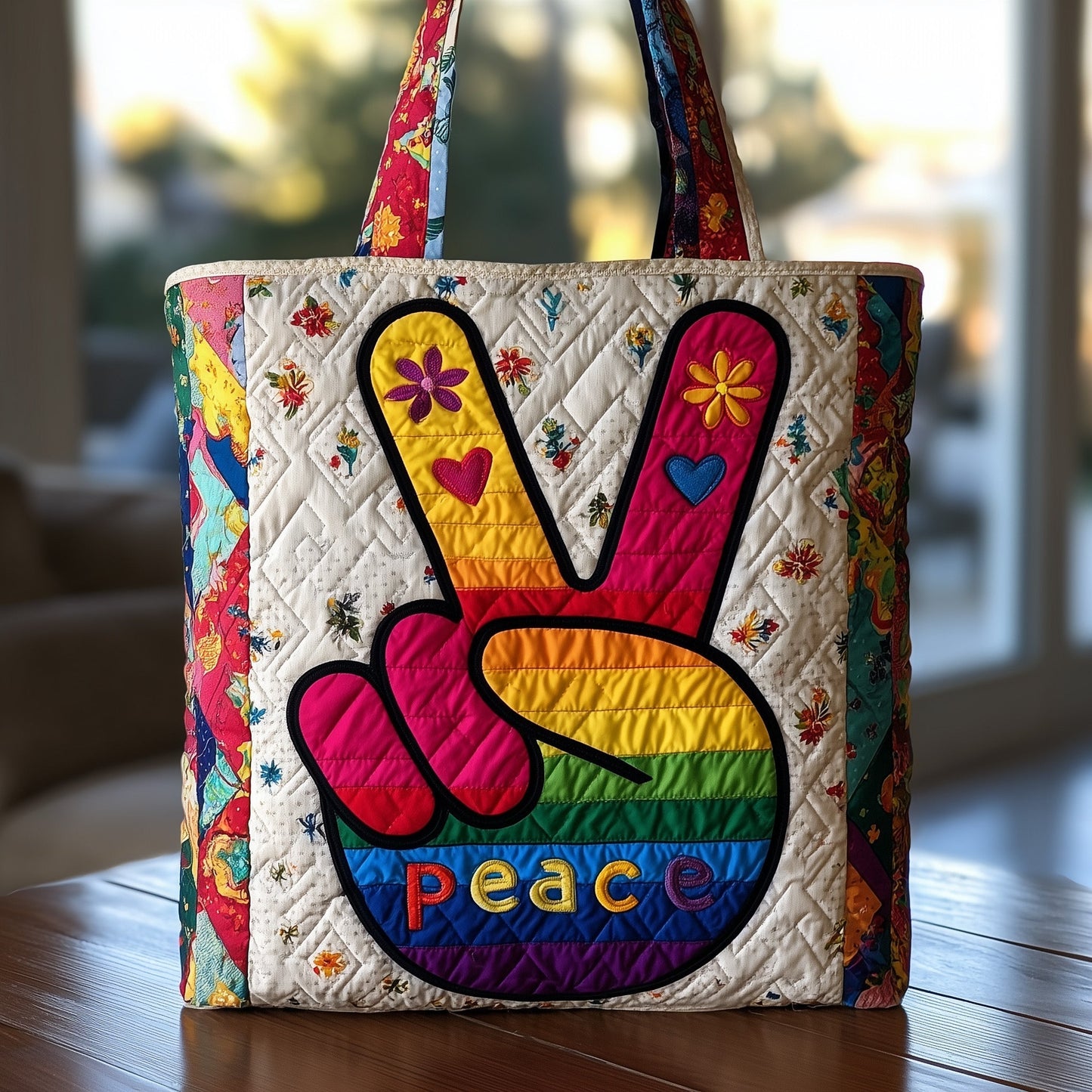 Colorful Peace Hand Quilted Tote