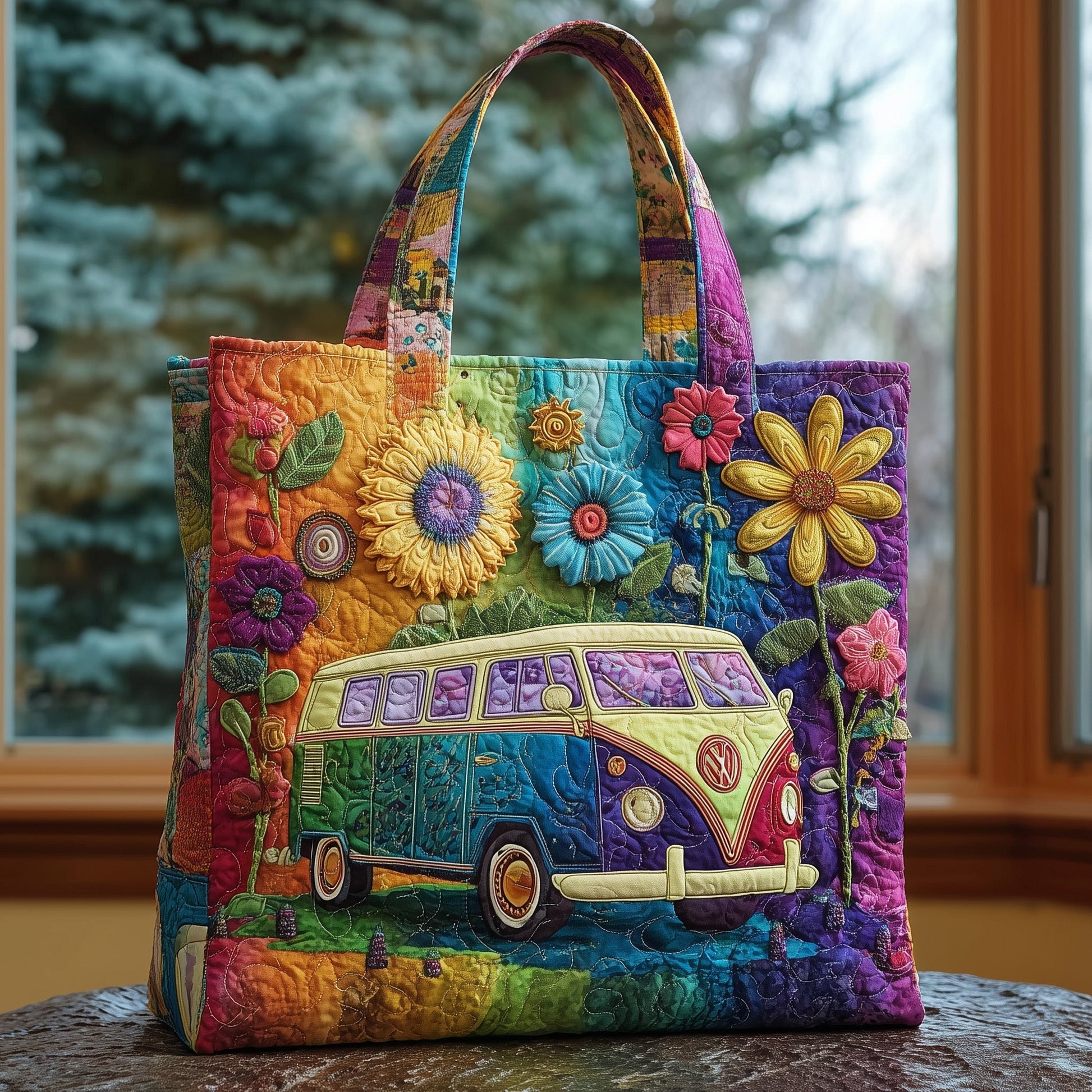 Rainbow Flowers Van Quilted Tote