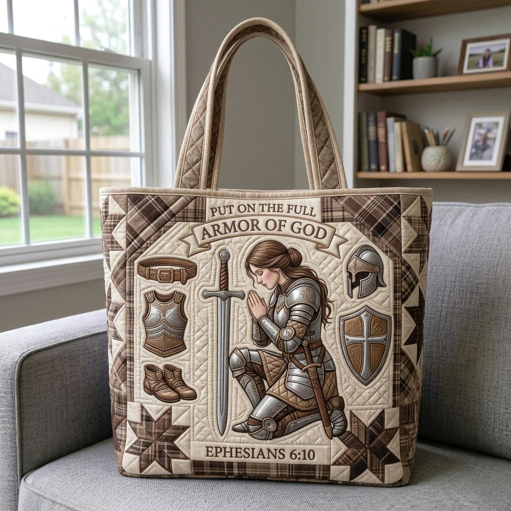 Kneeling Woman In Armor Quilted Tote