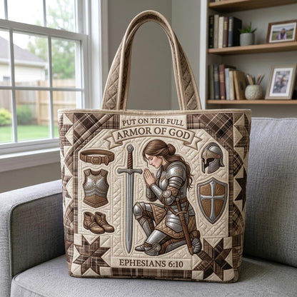 Kneeling Woman In Armor Quilted Tote