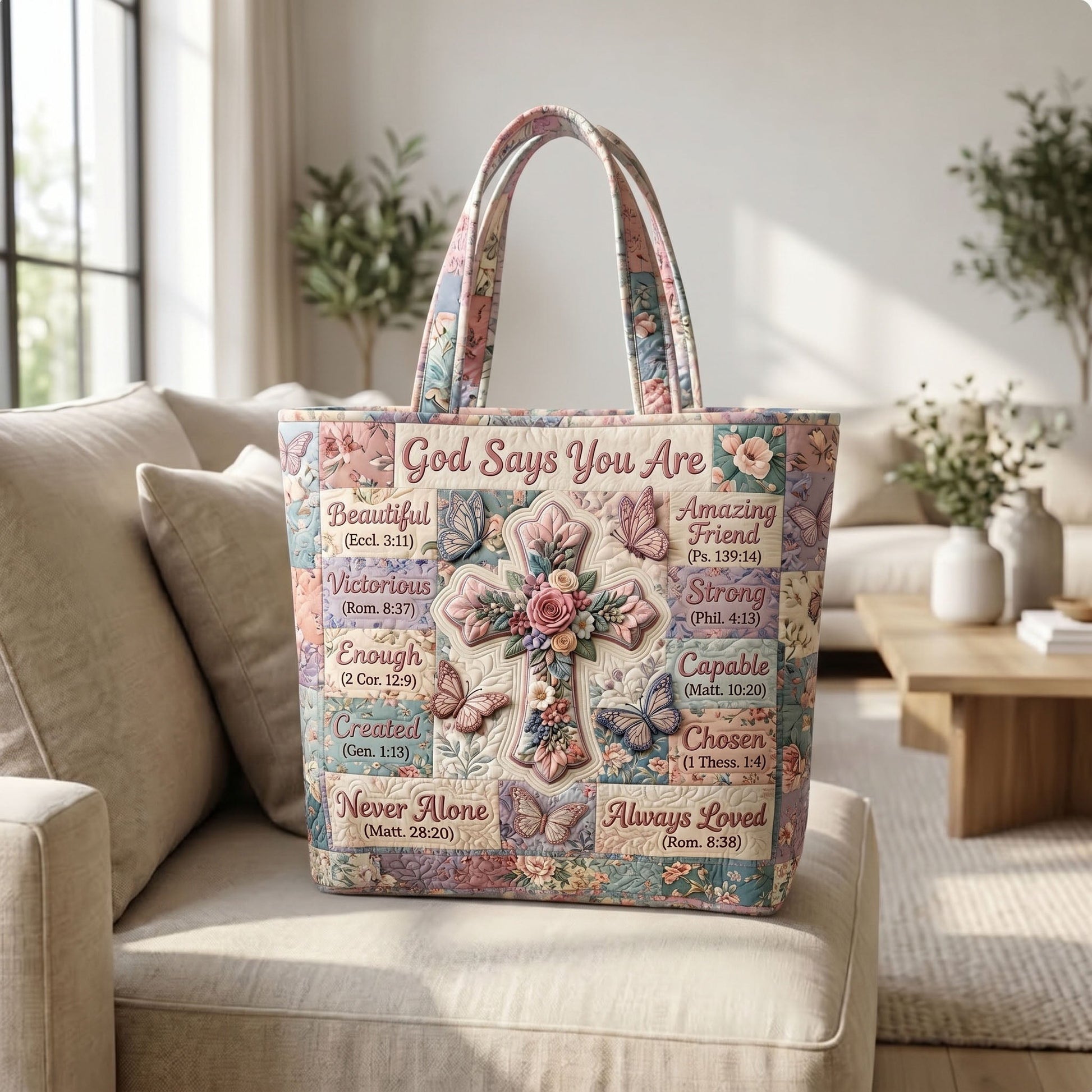 Floral Cross Scripture Quilted Tote