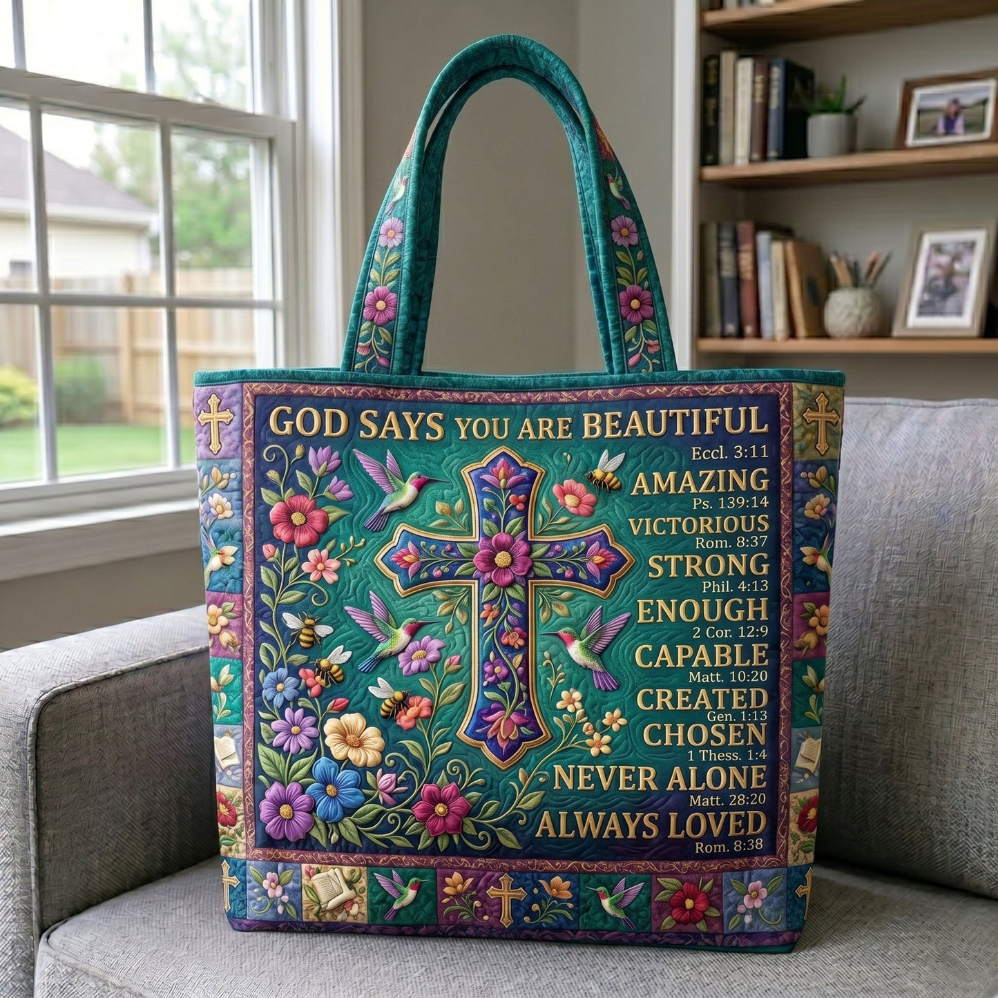 Floral Cross Scripture Tote Bag