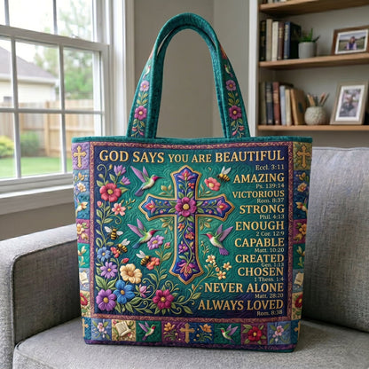 Floral Cross Scripture Tote Bag
