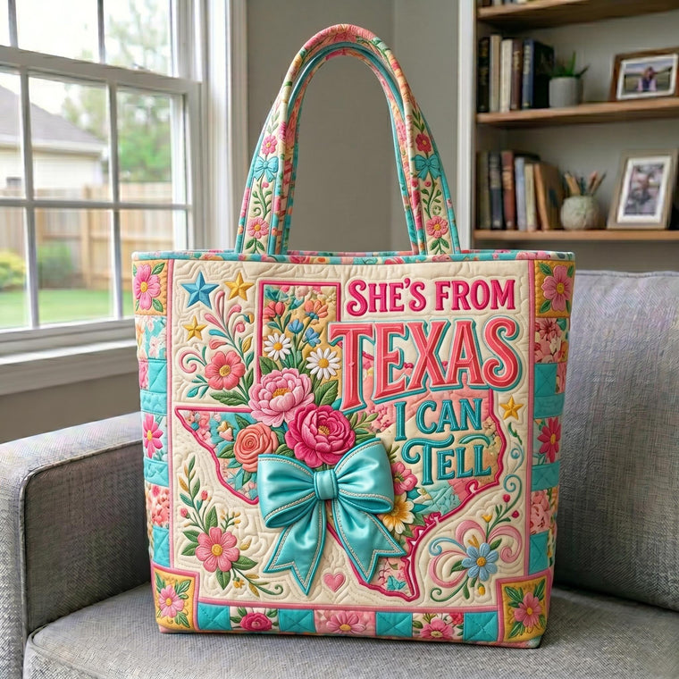 Texas Map Floral Bow Quilted Tote