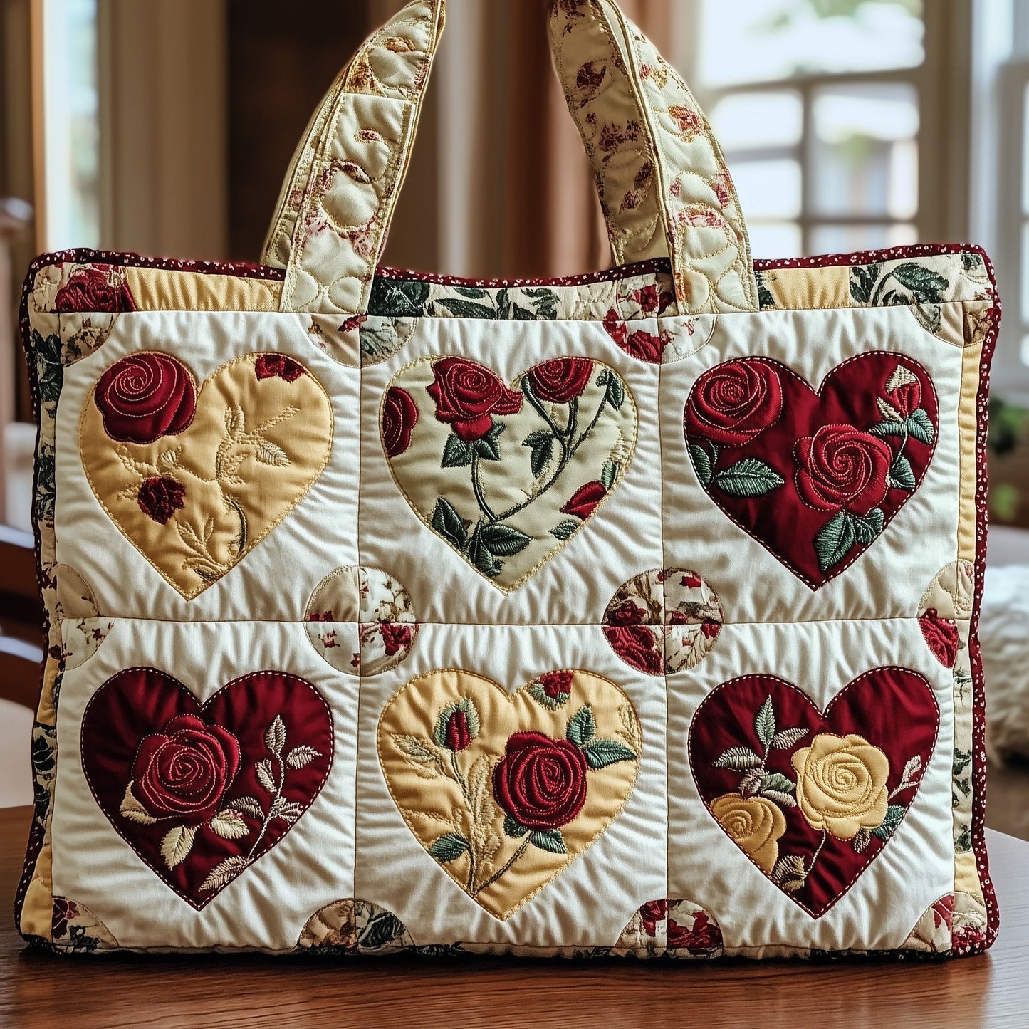 Embroidered Roses Hearts Quilted Tote