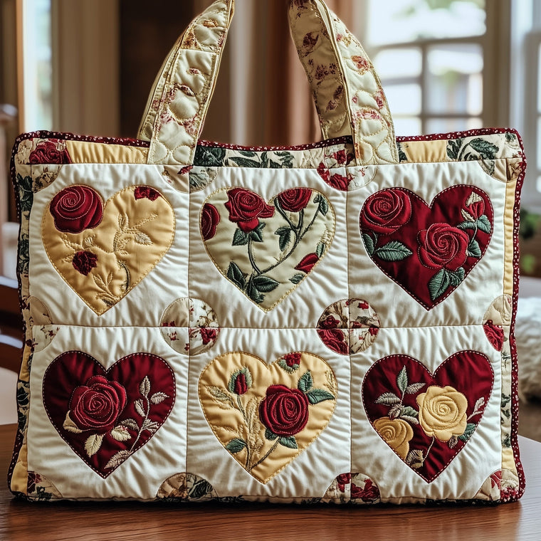 Embroidered Roses Hearts Quilted Tote