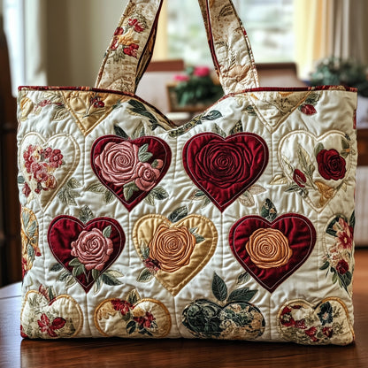 Embroidered Rose Hearts Quilted Tote