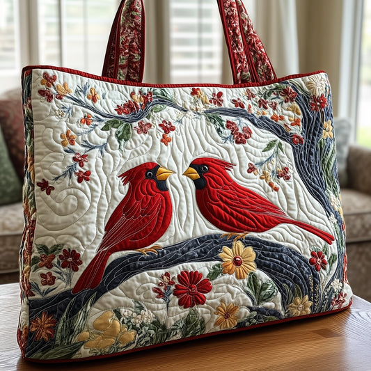 Cardinal Birds Flowers Quilted Tote