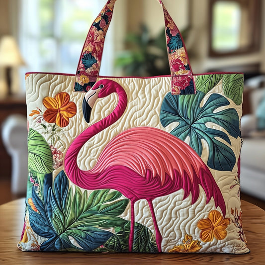 Pink Flamingo Tropical Leaves Quilted Tote