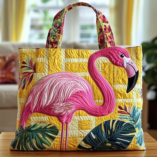 Pink Flamingo Tropical Leaves Tote Bag