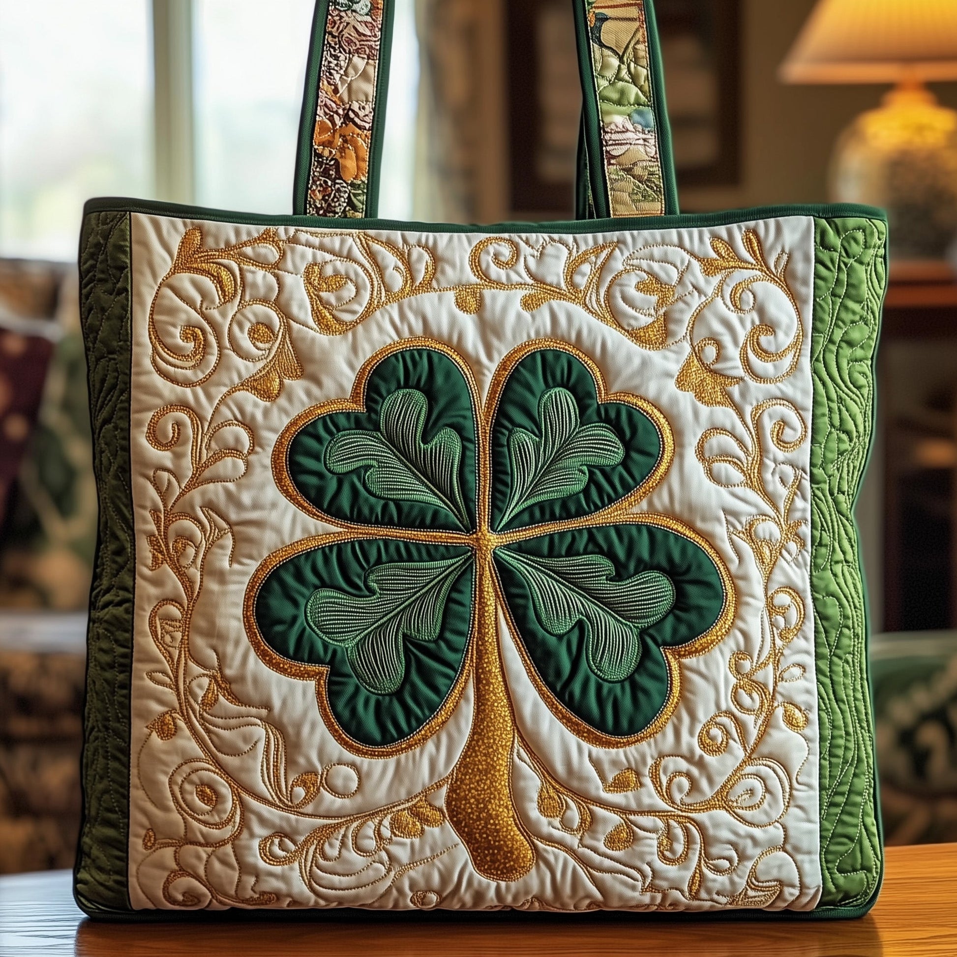 Embroidered Clover Motif Quilted Tote