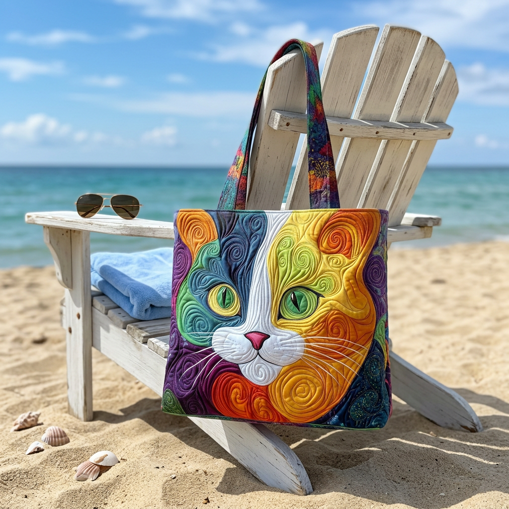 Colorful Swirly Cat Quilted Tote