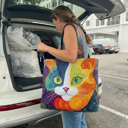 Colorful Swirly Cat Quilted Tote