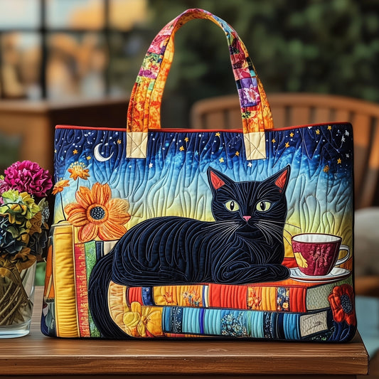 The Cozy Cat And Books Quilted Tote